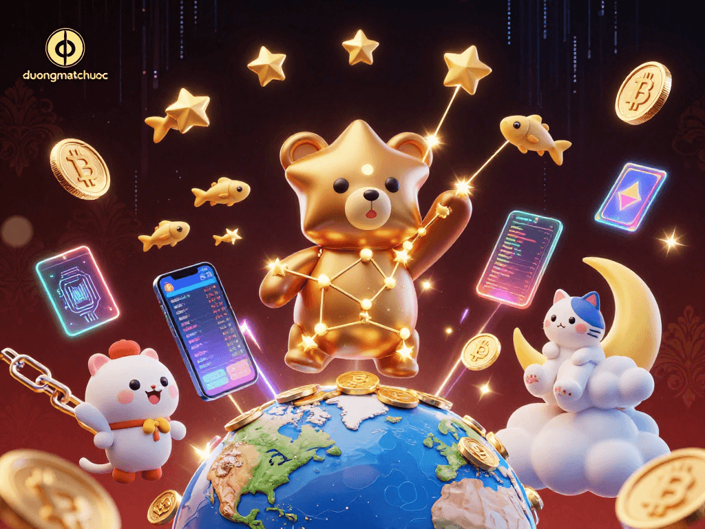 Spin and win with duongmatchuoc in this vibrant 3D casino scene featuring cosmic elements and crypto coins.