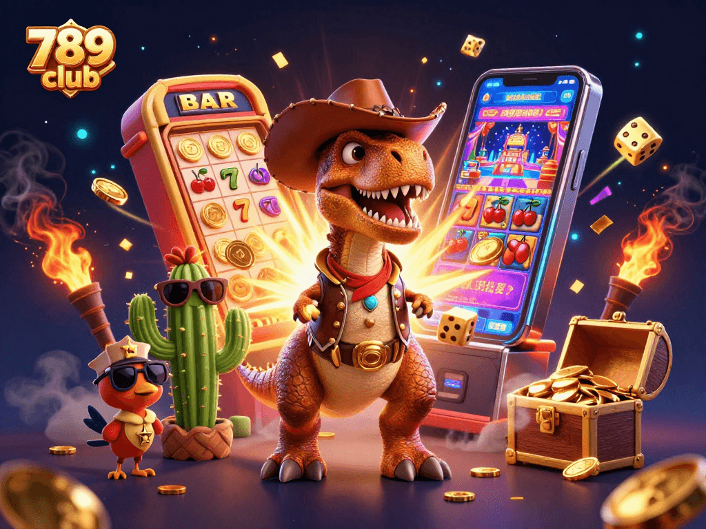 Engage in thrilling games at 789 club with a dynamic cow dinosaur and casino symbols.