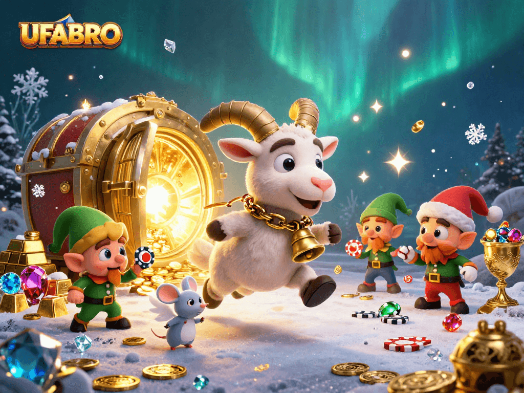 Experience UFABRO's thrilling casino atmosphere with a festive Krampus and playful characters.
