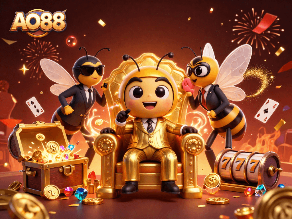 Experience dynamic gameplay at AO88 with an exciting casino scene featuring vibrant characters and treasures.