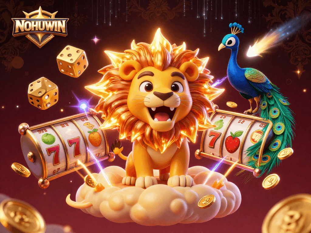 Engage with NOHUWIN's exciting jackpot adventures featuring vibrant scenes of dynamic slot action.