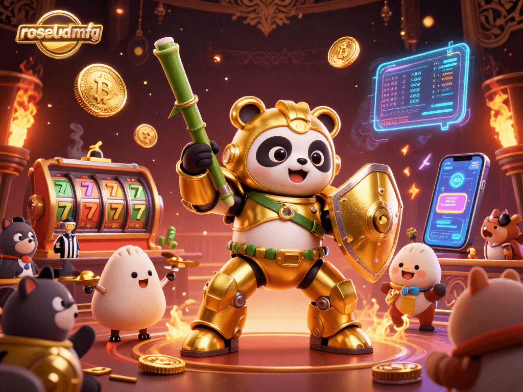Engage with rosebudmfg in an electrifying casino battle featuring 3D mech-suit panda and cryptocurrency elements.