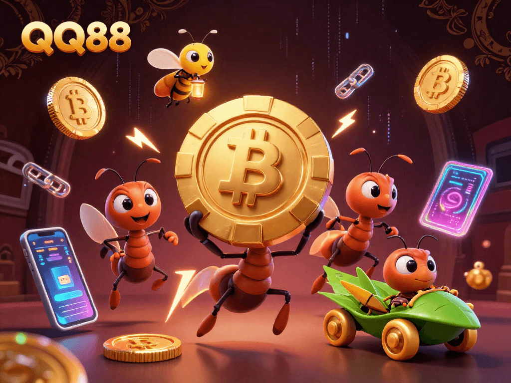 Engage with QQ88 as ants embark on a casino heist, capturing a giant poker chip.