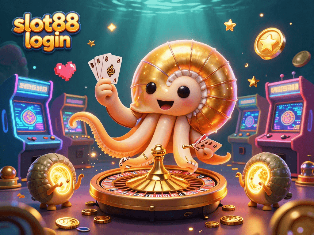 Win big with slot88 login featuring a giant nautilus roulette and glowing game elements.