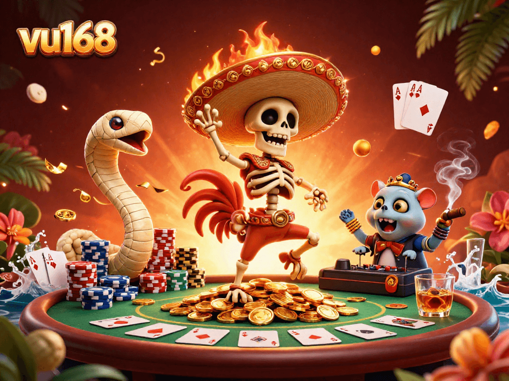 Explore thrilling moments at vu168 with a lively casino scene featuring unique characters and vibrant poker elements.