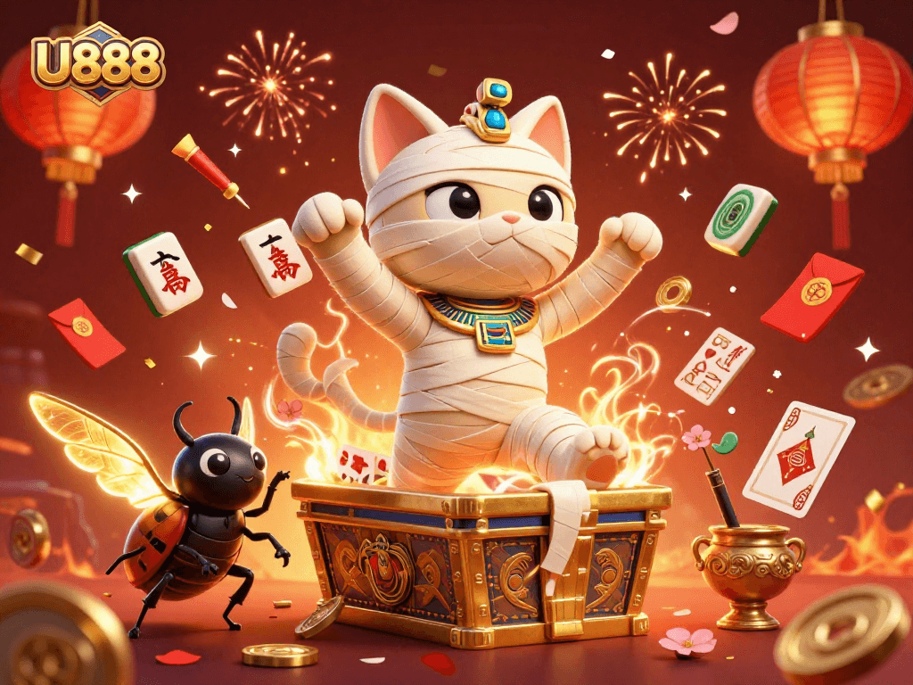 Experience thrilling gameplay in U888's vibrant casino featuring a bursting Egyptian mummy cat.