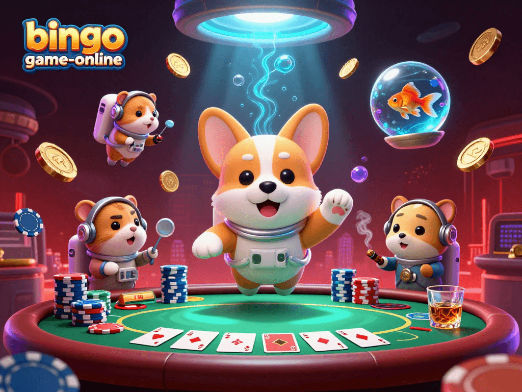 Experience the excitement of bingo-game-online with a lively 3D illustration of an astronaut corgi in a casino.
