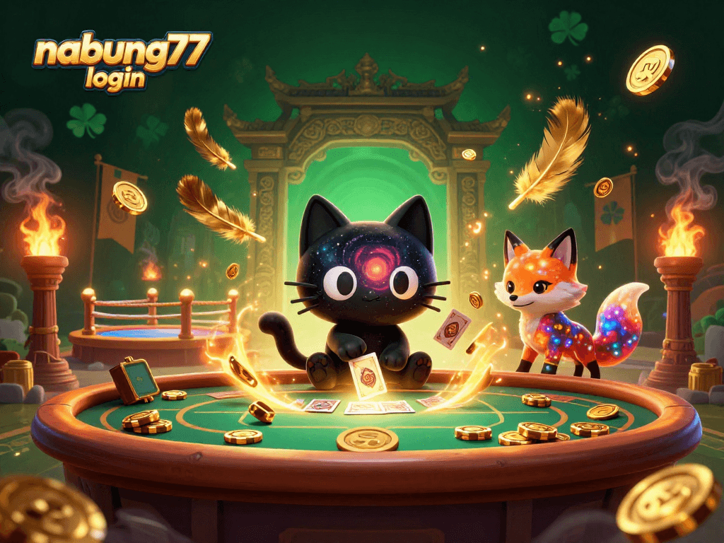 Engage with nabung77 login at a cosmic casino featuring vibrant characters and gold elements.