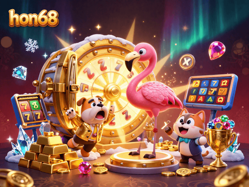 Spinning the golden prize wheel at hon68 amidst jewels and gold, showcasing an exciting gambling scene.