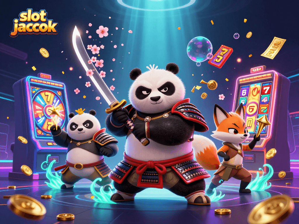Permainan slot jackpot dengan panda samurai dan rubah ninja beraksi, penuh simbol kemenangan dan efek uang.