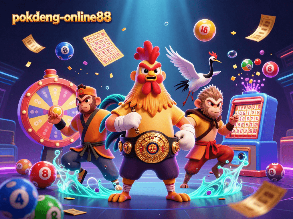 Engage with thrilling gameplay at pokdeng-online88, showcasing vibrant lottery elements amidst dynamic 3D characters.