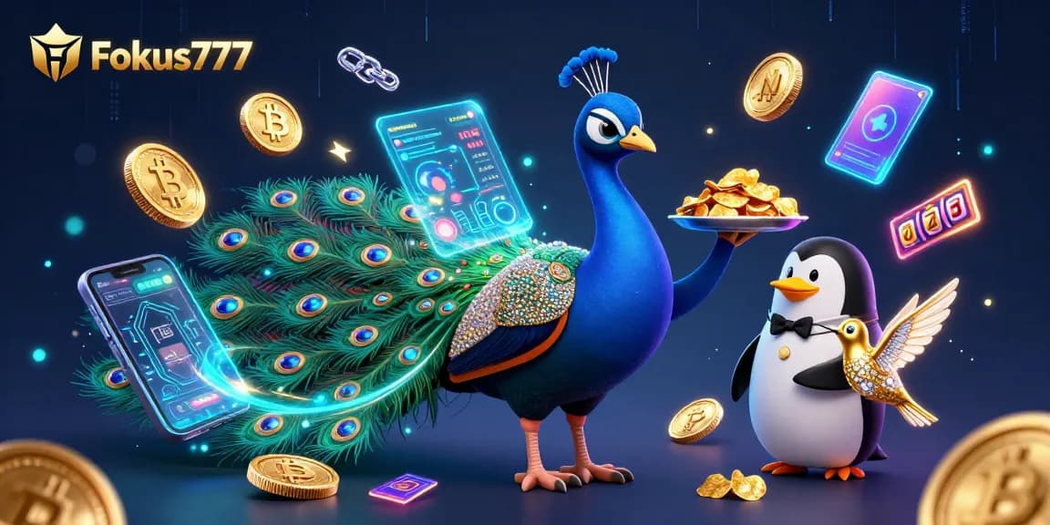 Experience exciting slots at Fokus777 with vibrant 3D peacock and casino symbols.