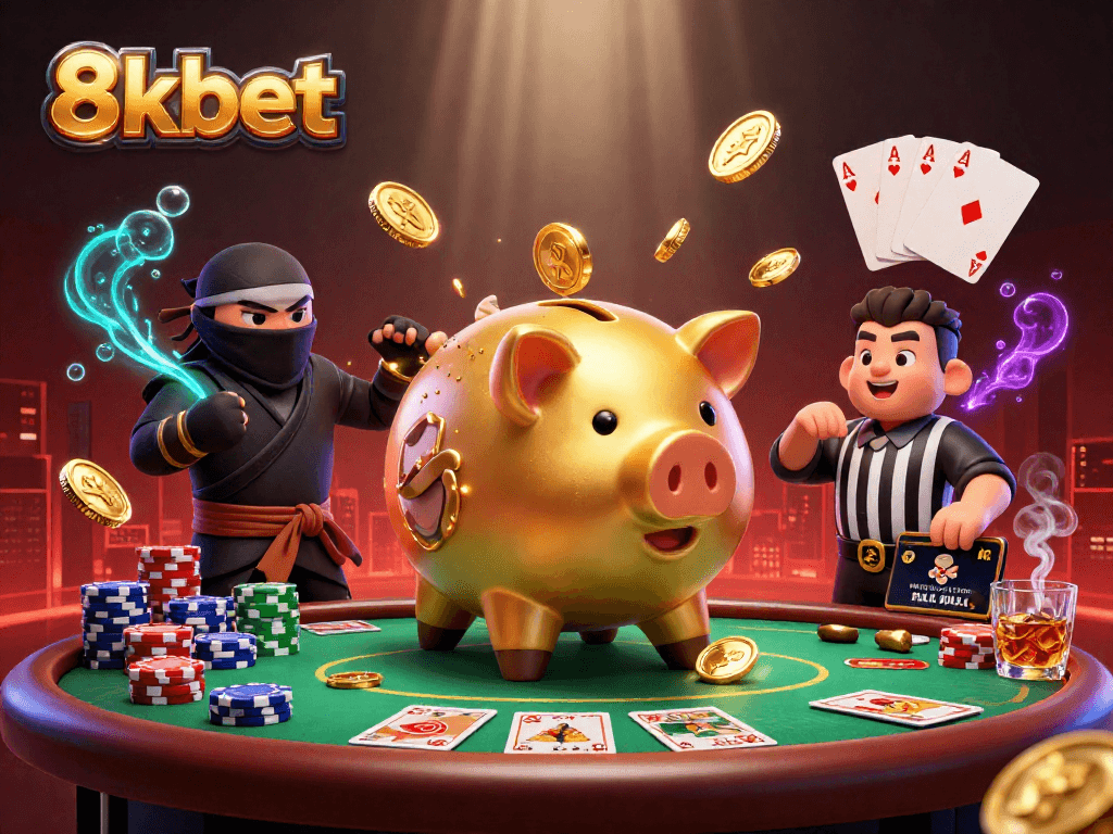 Join the thrilling action at 8kbet with a dynamic cartoon illustration of gaming elements and characters.