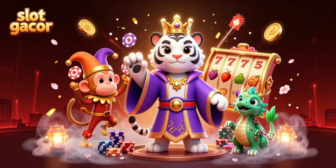Slot gacor membawa keberuntungan dengan simbol slot dan karakter unik dalam ilustrasi 3D yang memukau.
