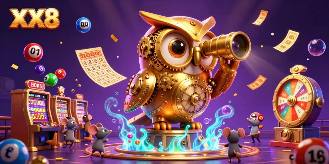 Engage with the vibrant casino scene featuring XX8, where the golden owl observes players amidst the lively action.