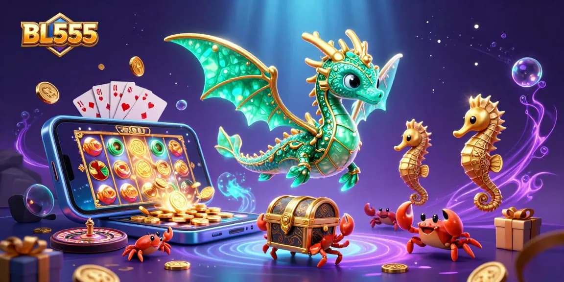 Experience thrilling gaming at BL555 with vibrant casino elements and a magical sea dragon scene.