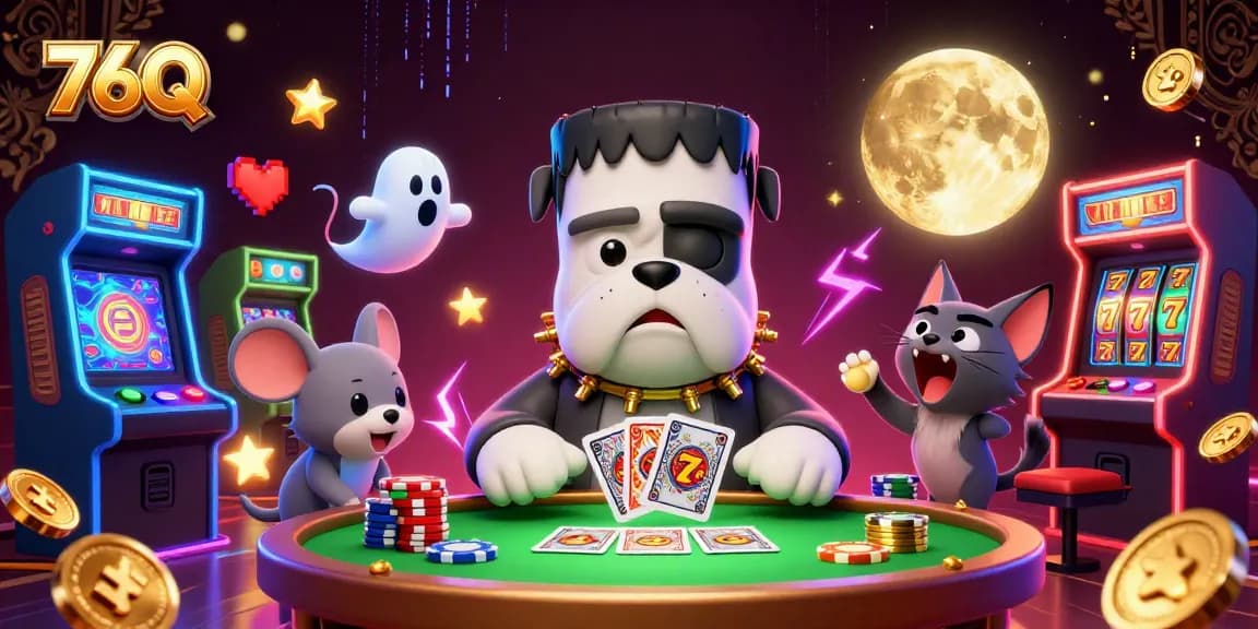 Aposte em 76Q com o monstro bulldog Frankenstein jogando cartas e um gato lobisomem uivando para a lua de ouro.