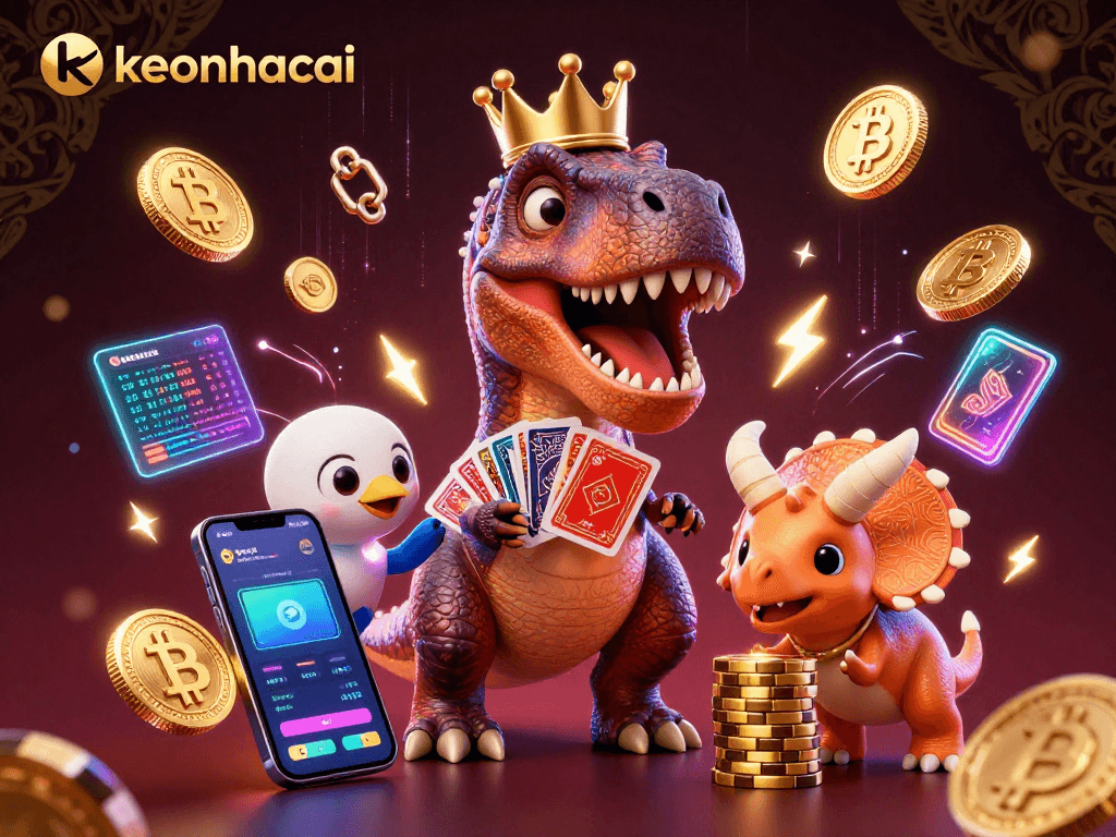 Engage with keonhacai in this vibrant casino scene featuring dinosaurs shuffling cards and stacking chips.