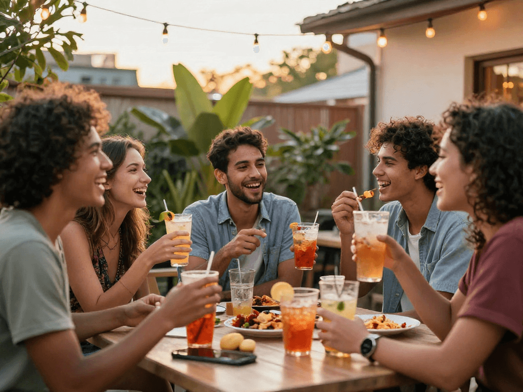 Spicy chat among friends, enjoying drinks and laughter on a cozy patio.