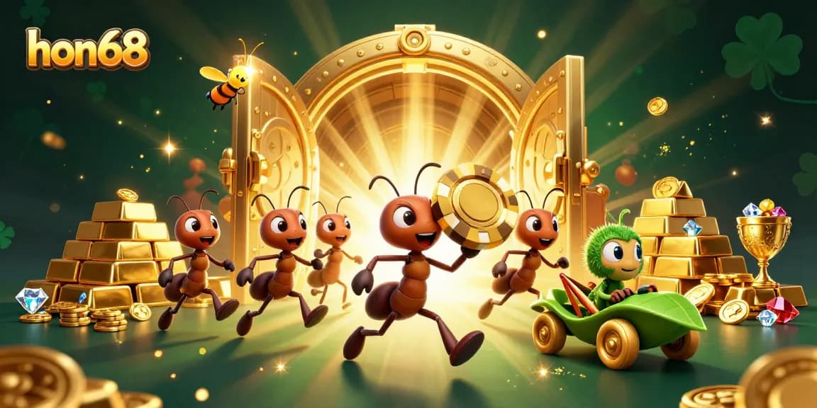Ants carrying a golden poker chip in a heist scene with sparkling casino elements, hon68 excitement.