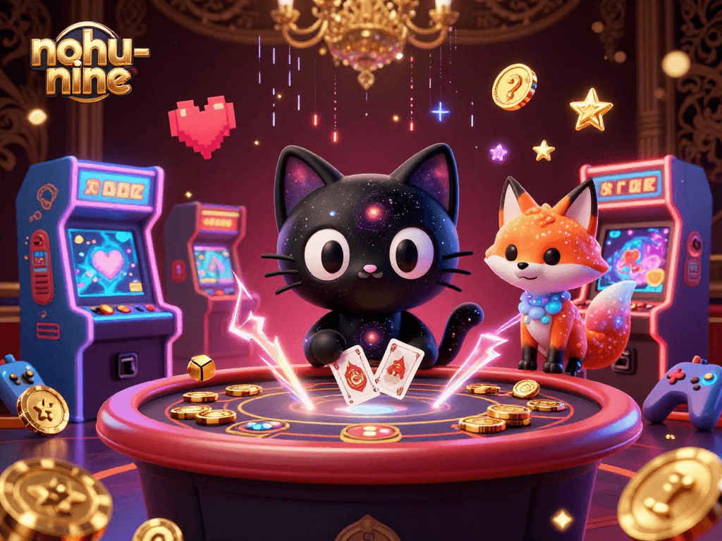 Engage in thrilling gameplay with nohu-nine as the cosmic cat attracts chips and cards in this vibrant casino scene.