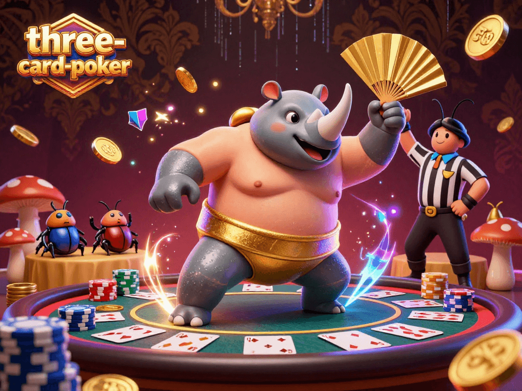 Experience thrilling three-card-poker action with vibrant characters and dynamic casino elements.