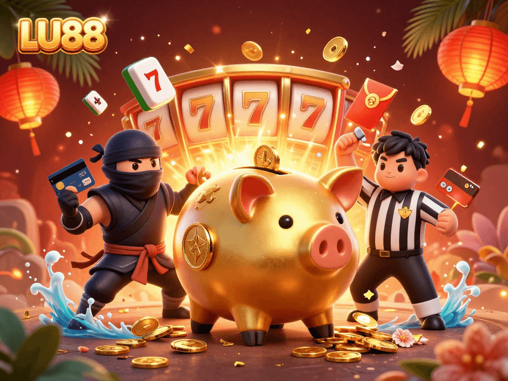 LU88's thrilling scene displays a golden piggy bank sumo wrestler with falling coins, amidst vibrant slot game elements.