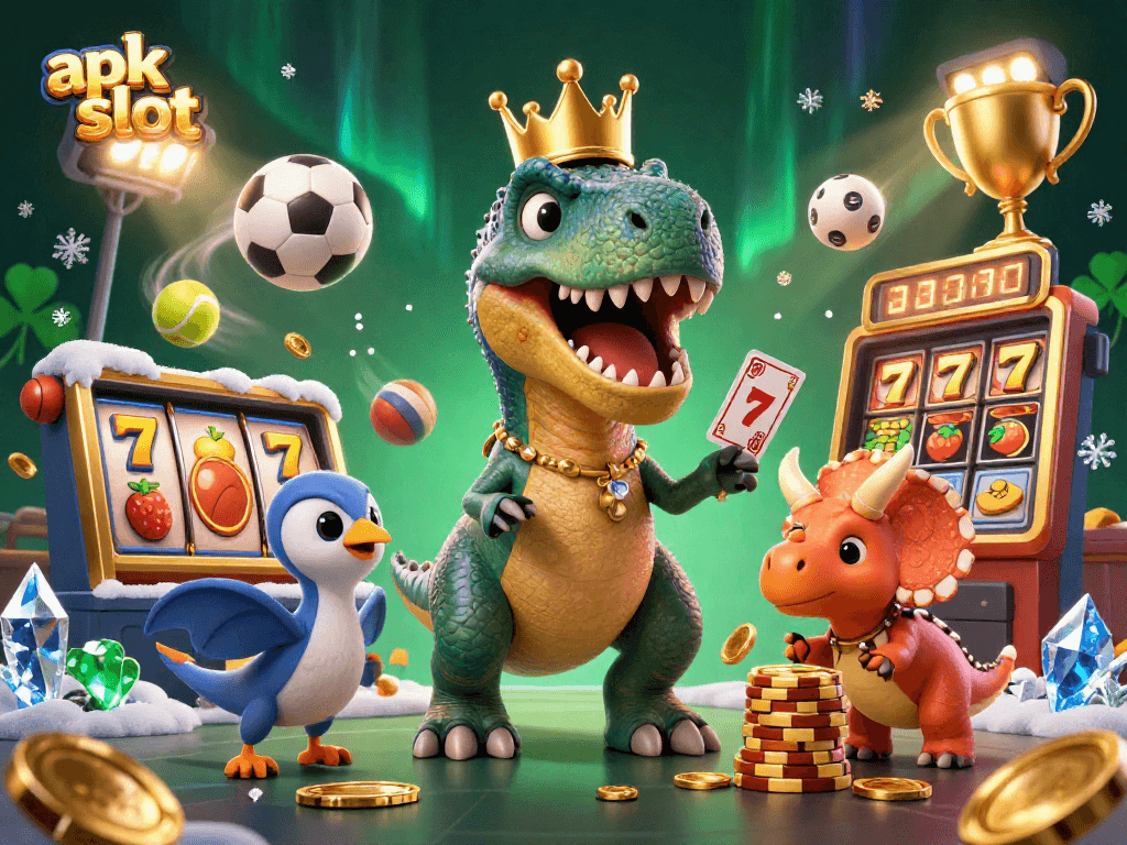 Memain apk slot dengan karakter kartun T-Rex, Pterodactyl, dan Triceratops, mengacak kartu dan menumpuk chip emas.