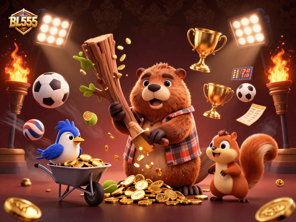 Experience BL555's thrilling gaming with cartoon characters collecting golden coins and dynamic sports elements