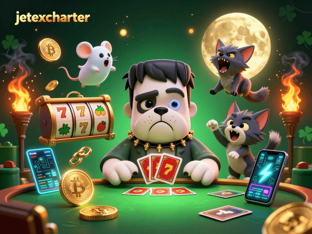 Engage with jetexcharter's thrilling gaming scene of cartoons and crypto symbols at a haunted casino table.