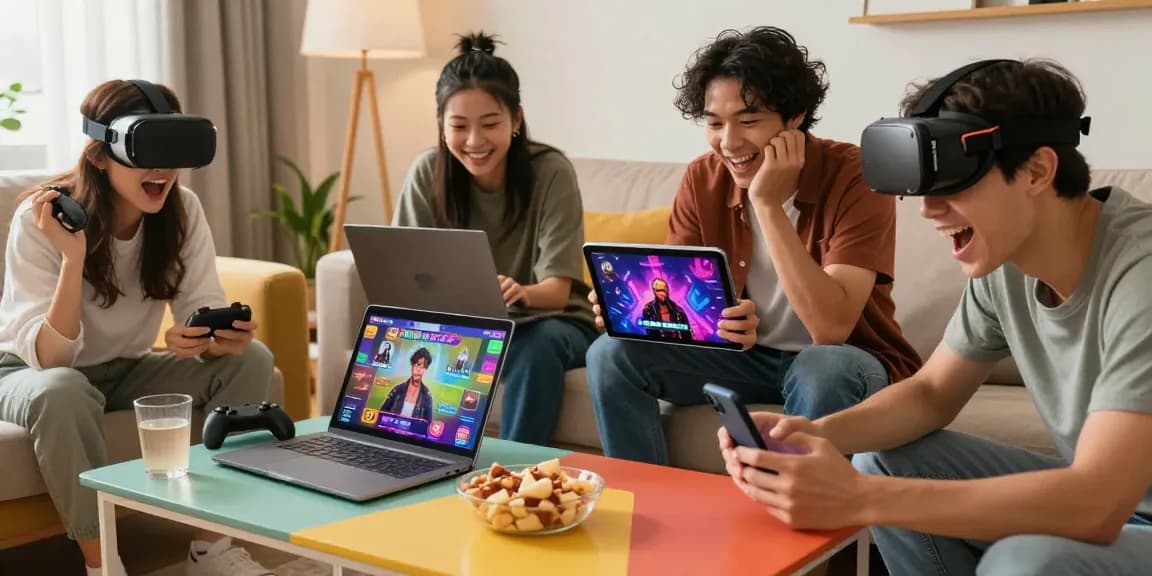 Engaging scene of players enjoying various free sex games online on multiple devices in a cozy living room.