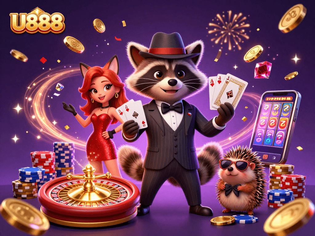 U888 players celebrating a big win with vibrant casino elements and characters.