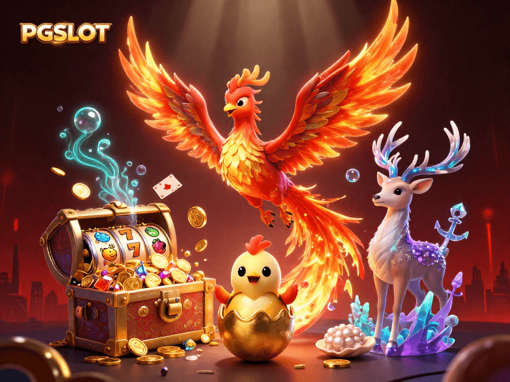 Experience thrilling PGSLOT adventures as the fire phoenix soars through a dynamic casino scene.