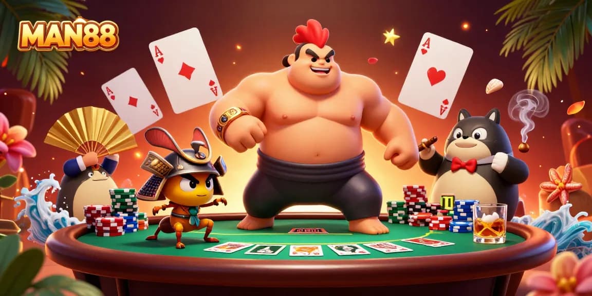 Engaging MAN88 casino scene featuring a sumo wrestler rooster, fighting cricket, and tanuki announcer amidst poker action.