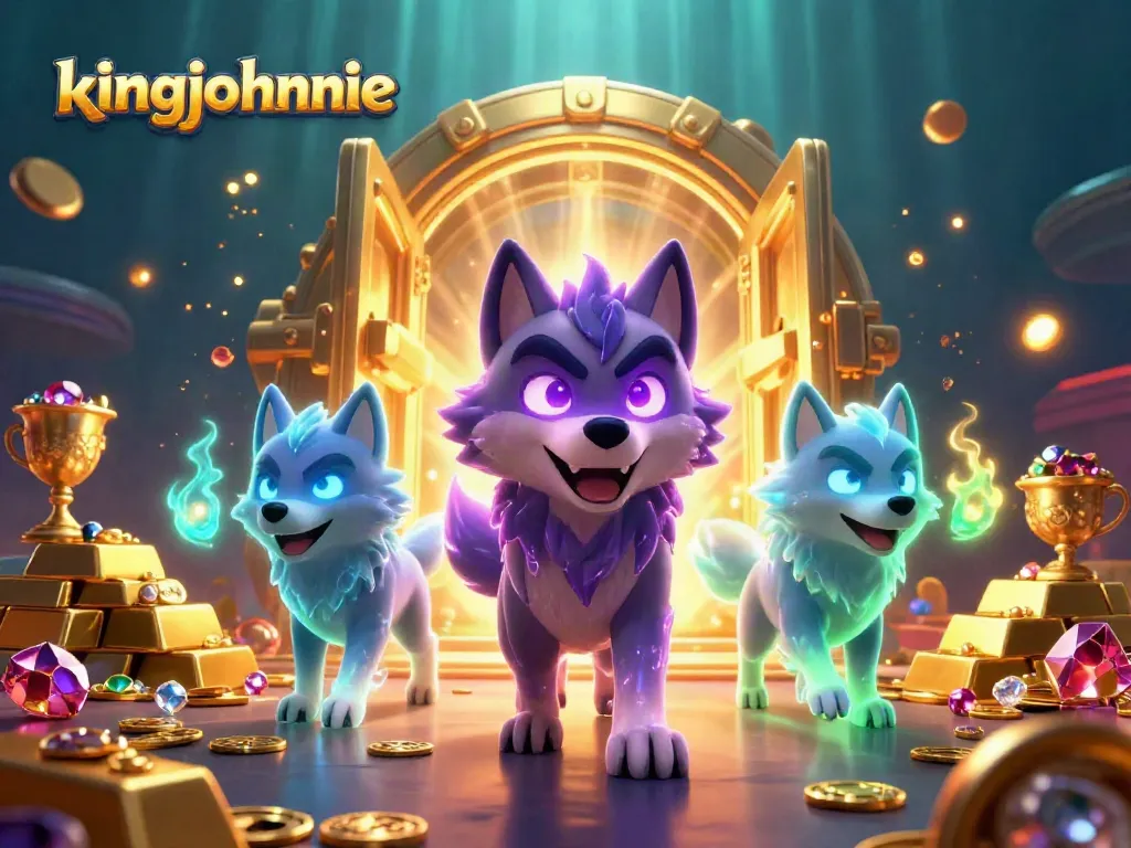 Win big with kingjohnnie amidst a vibrant casino scene featuring mystical wolves and treasure.