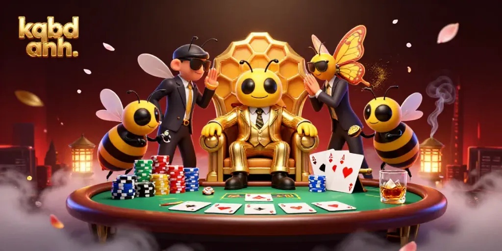 Intense gaming scene of a bumblebee mob boss overseeing a poker table, showcasing kqbd anh. betting action vividly.