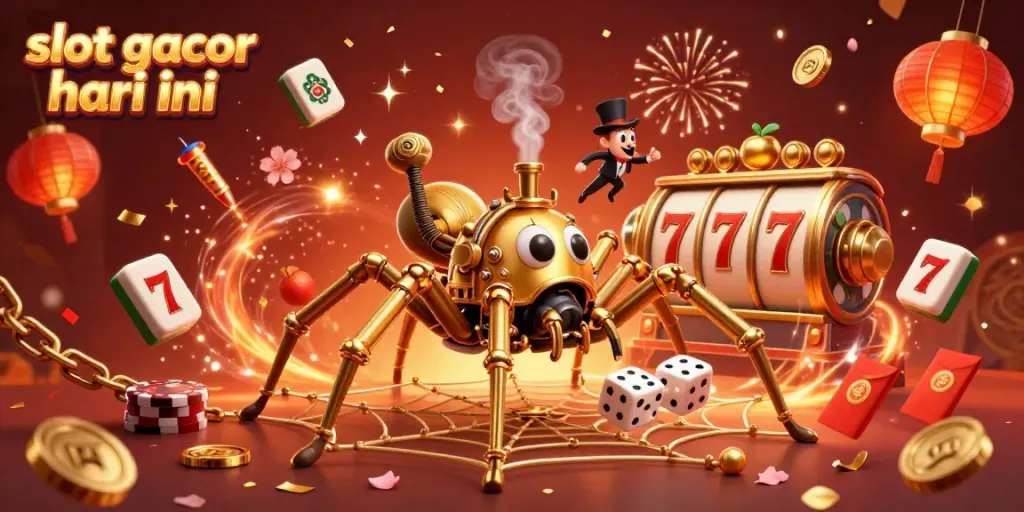 Experience the thrill of slot gacor hari ini with a lively 3D illustration of a steampunk spider and game elements.