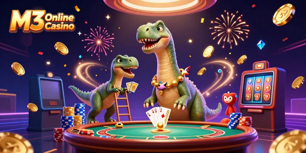 Experience the excitement of M3 Online Casino with a playful 3D casino scene showcasing dynamic game elements and vibrant colors.