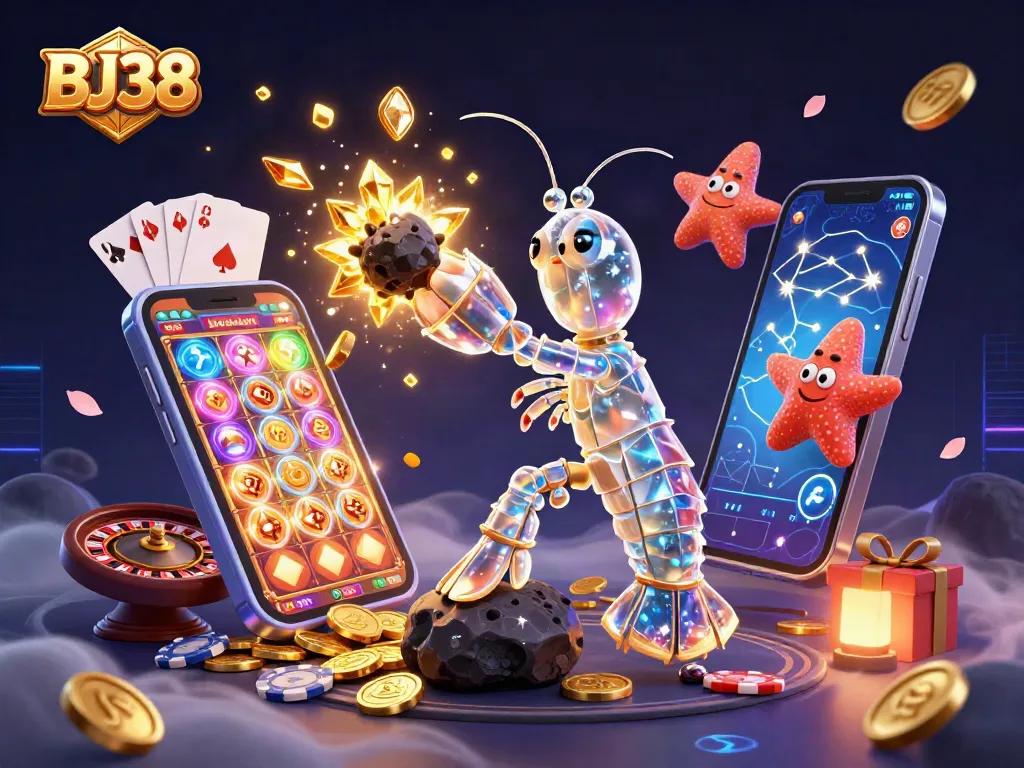Play thrilling slot games with BJ38 featuring galactic samurai shrimp and vibrant casino elements.