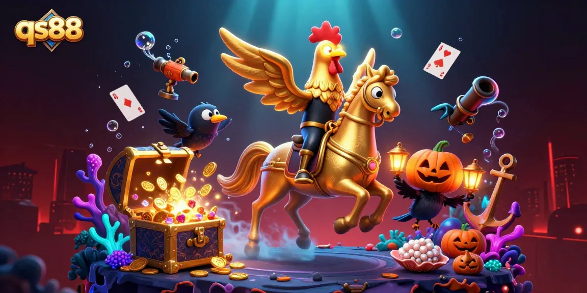 Engage in thrilling action at qs88 as the golden rooster and companions illuminate the casino environment.