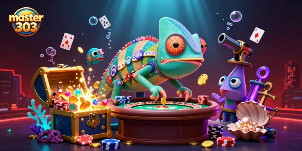 Master303 menampilkan pemilik kasino chameleon yang berwarna-warni bersama harta karun dan permainan, menciptakan suasana kasino yang mengasyikkan.
