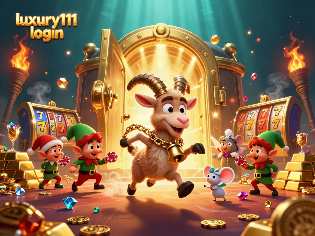 Experience the excitement with luxury111 login in a festive casino scene bustling with chaos and treasures.