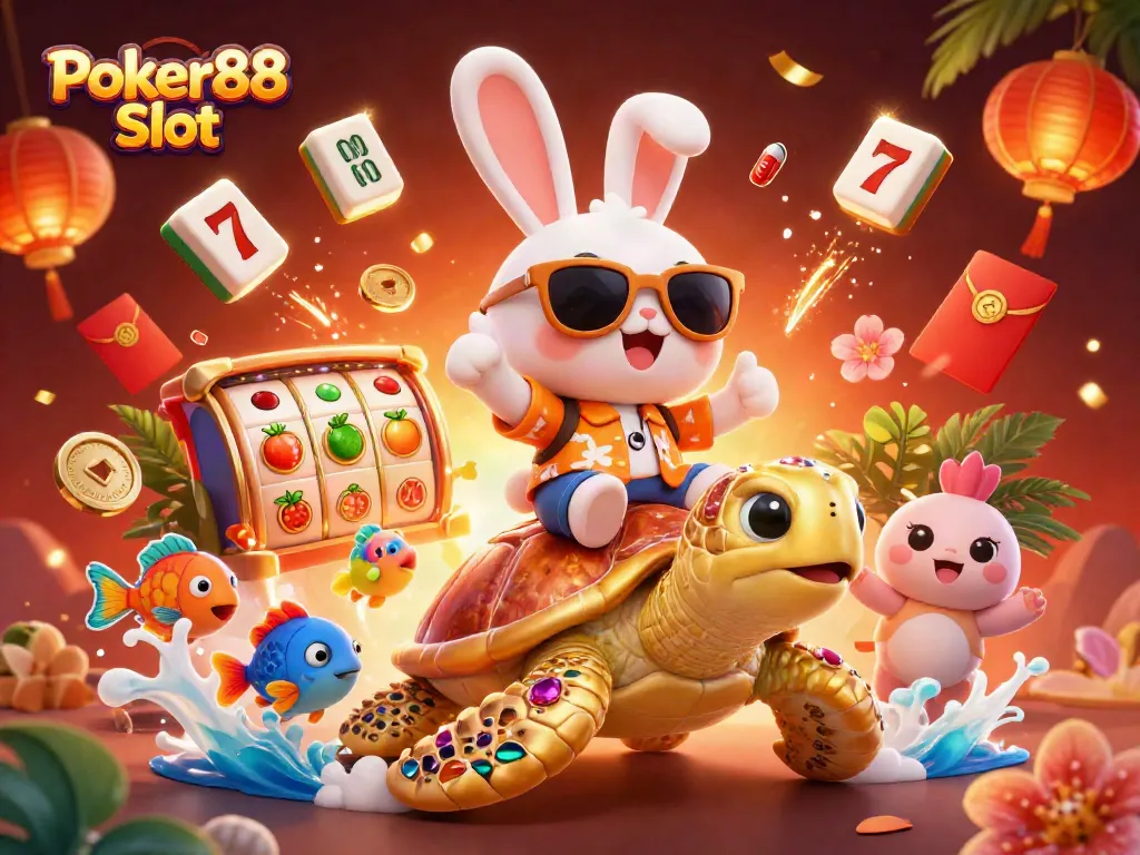 Experience Poker88 Slot with lively 3D characters in a vibrant casino-themed illustration.