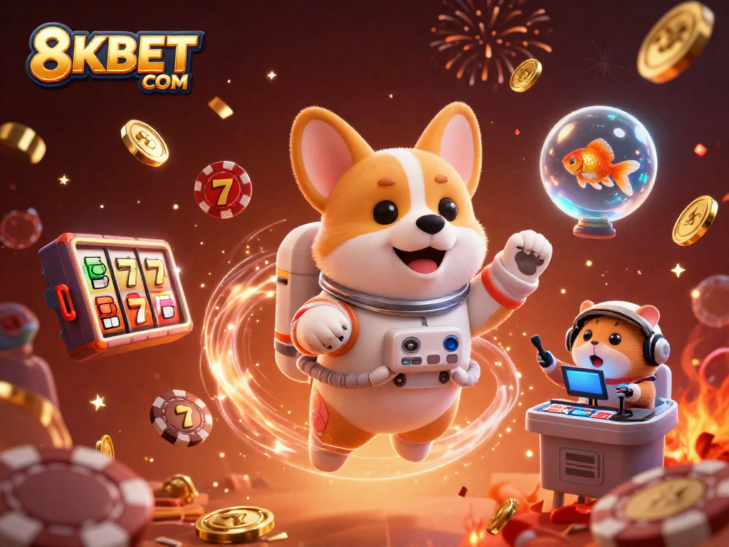 Play exciting games at 8KBET COM, featuring a vibrant casino scene with floating cartoon characters.