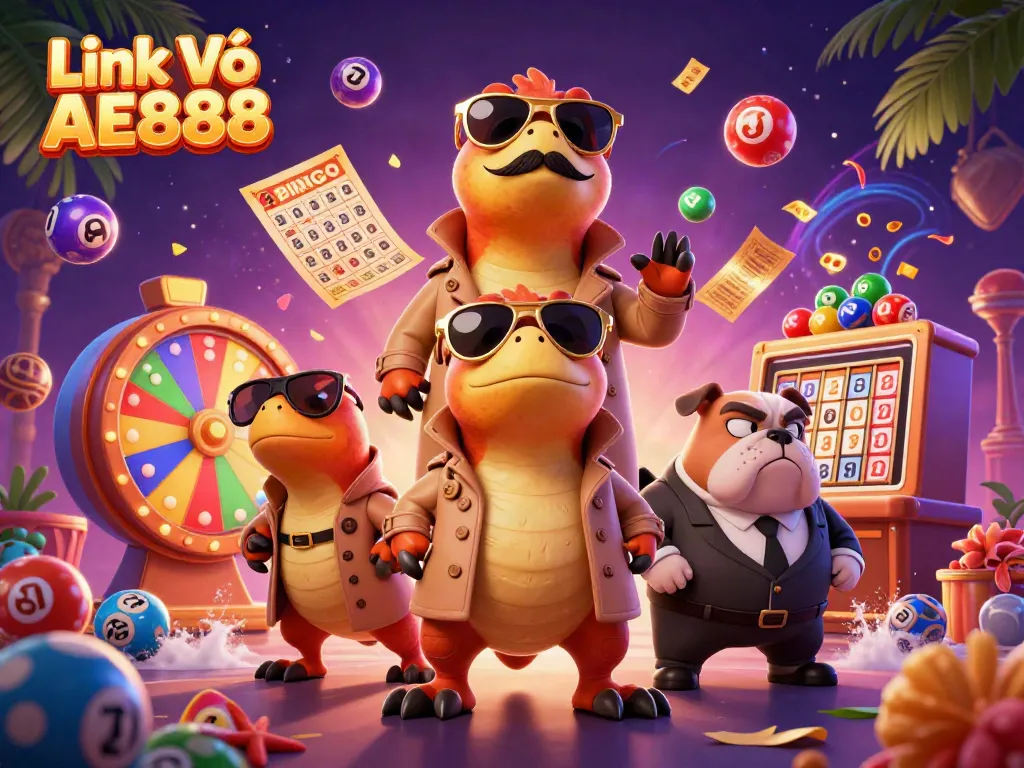 Experience the excitement of Link Vào AE888 with raptors in a trench coat attempting casino entry amidst colorful gambling elements.