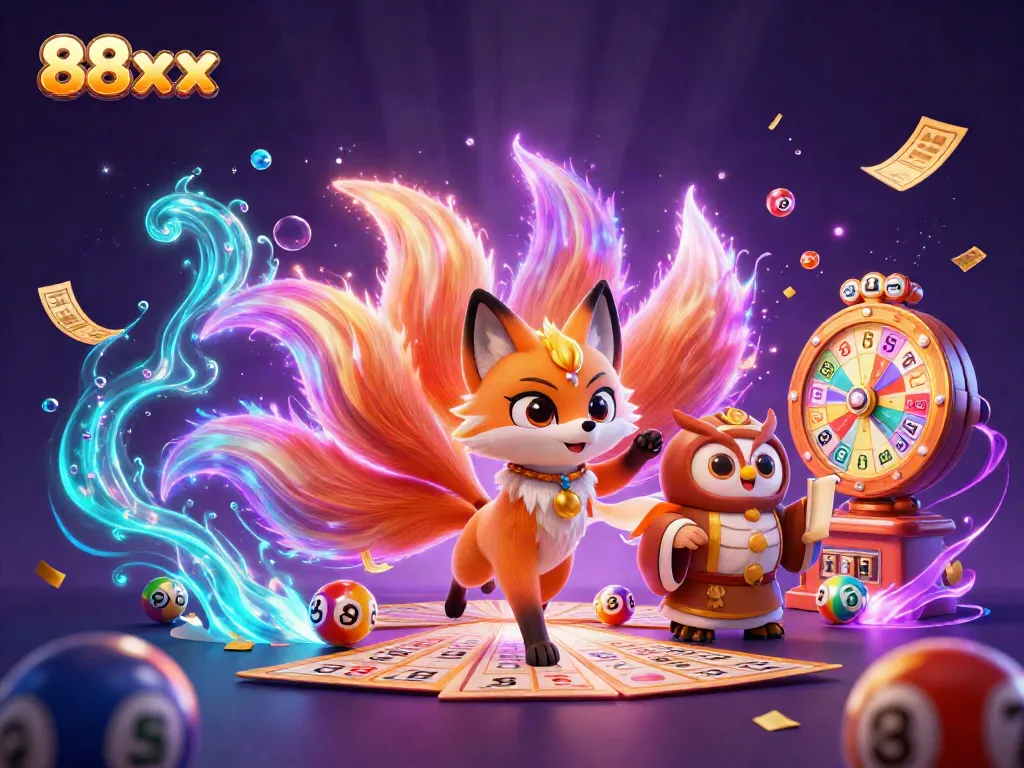 Experience the enchanting world of 88xx with vibrant gambling elements and a mystical nine-tailed fox.