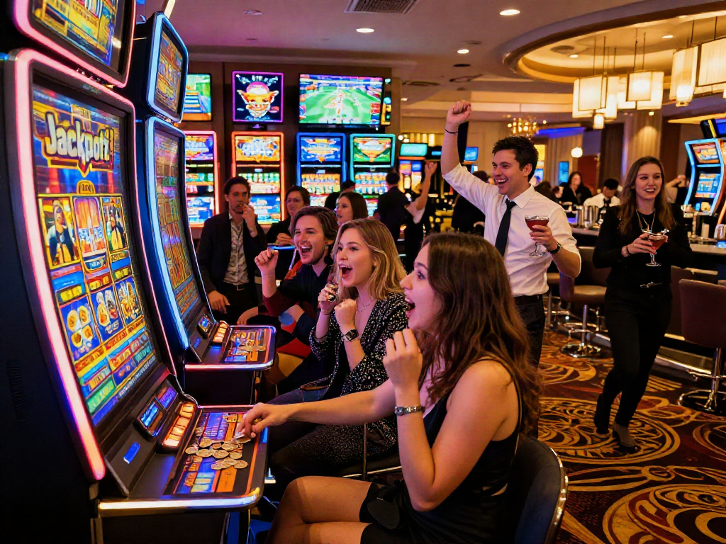 Excited friends celebrating a slot deposit 5k win at a vibrant casino.
