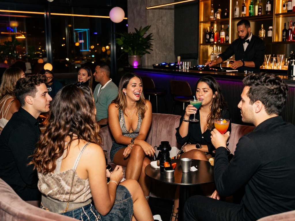 Không khí sống động trong quán bar với gái gọi và bạn bè tận hưởng đêm tiệc.