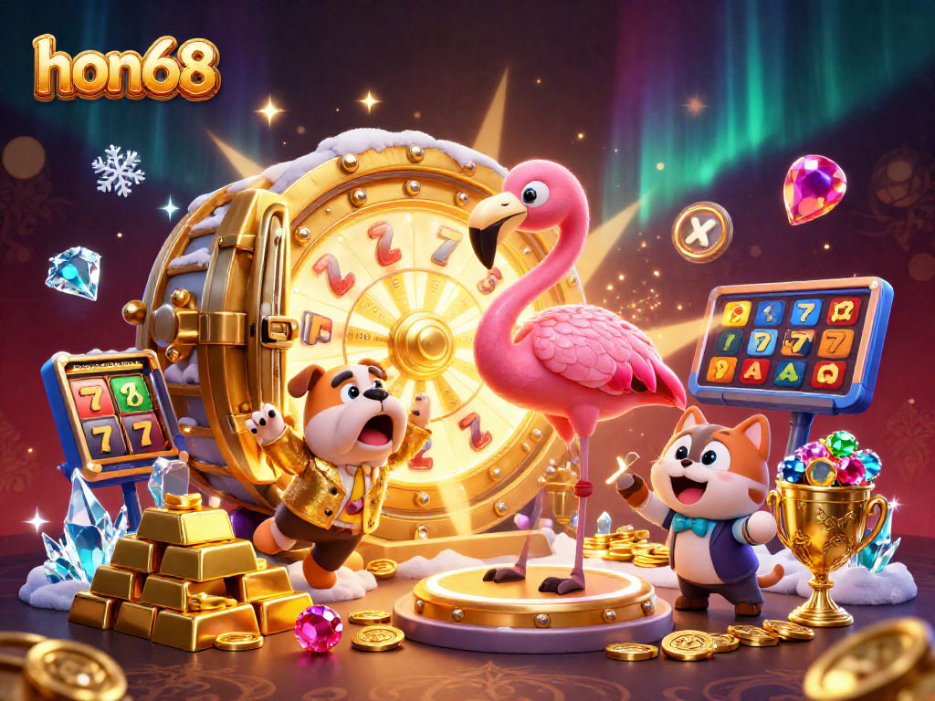 Spinning the golden prize wheel at hon68 amidst jewels and gold, showcasing an exciting gambling scene.