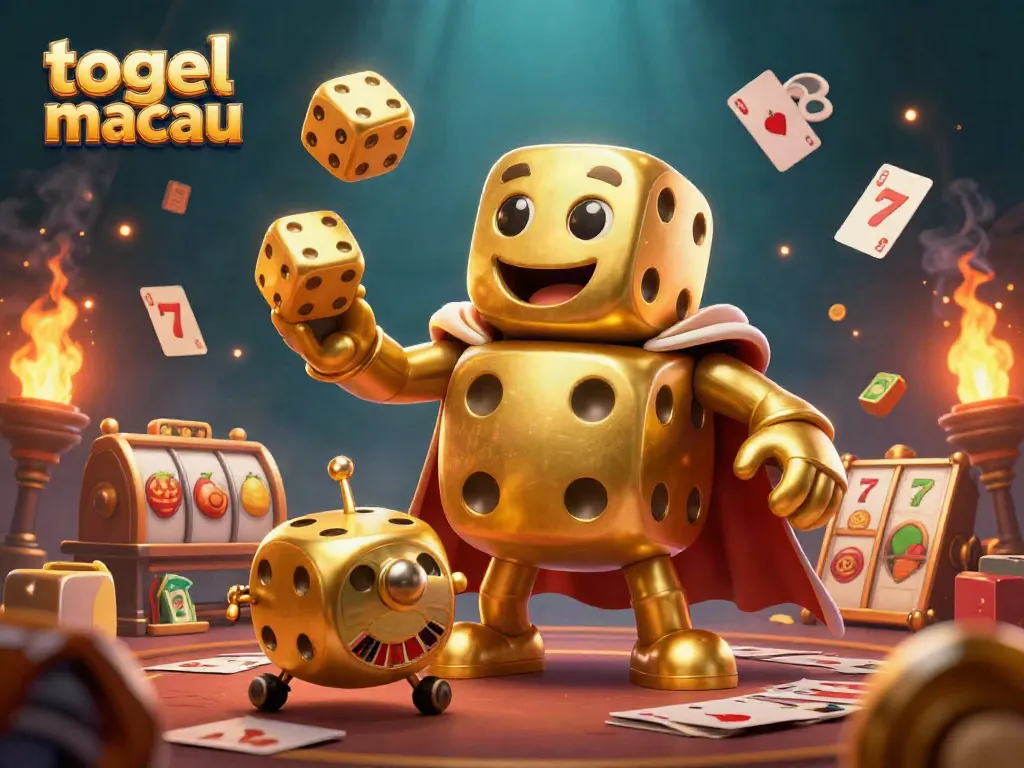 Engage with togel macau as animated golden dice and game elements create excitement in a vibrant casino scene.